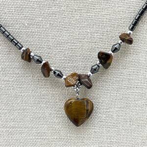 Vintage Hematite Men’s / Women’s Necklace with Heart Shape Tiger Eye Pendant